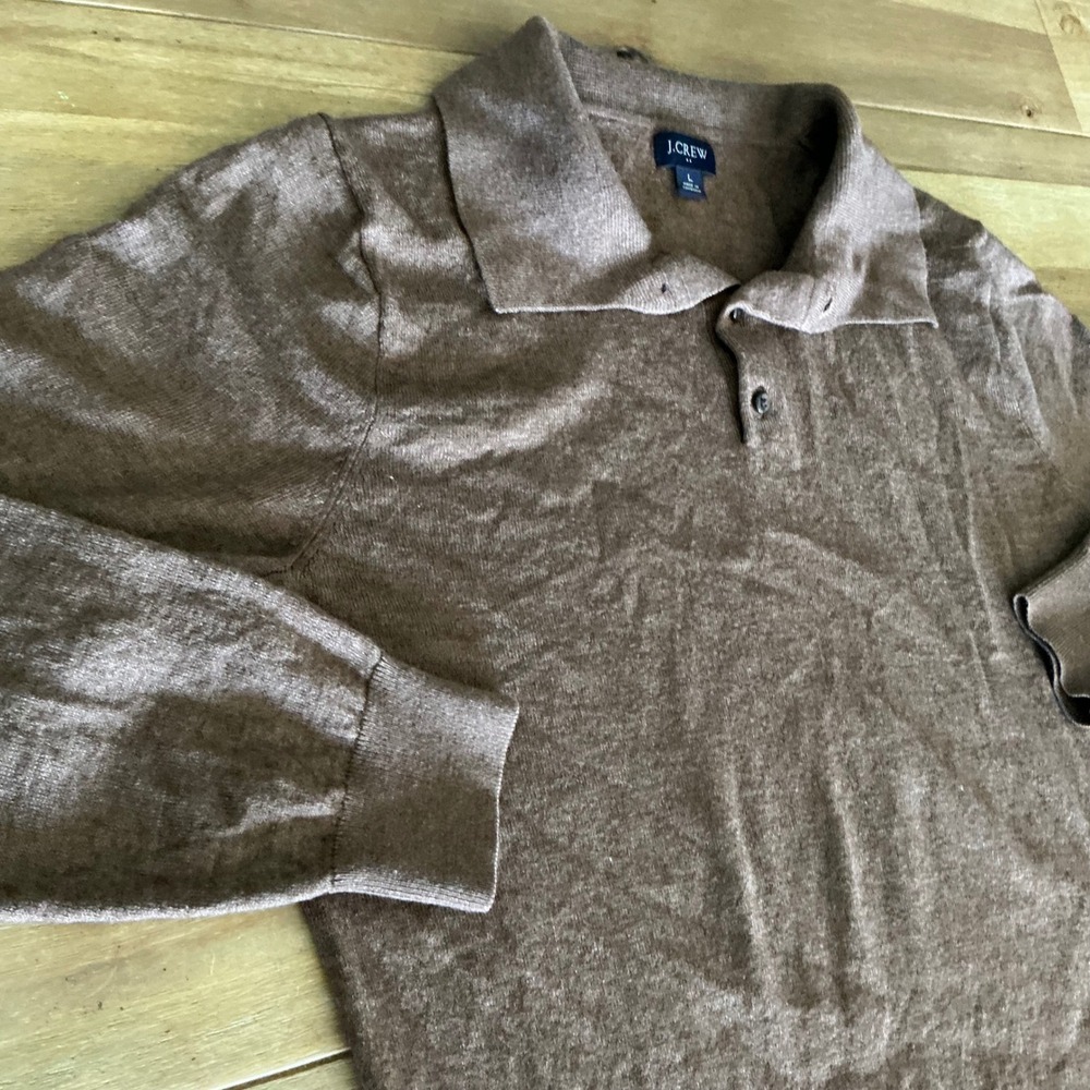 J. Crew Mens Long Sleeve Collared Knit Wool Blend Sweater Brown Size L